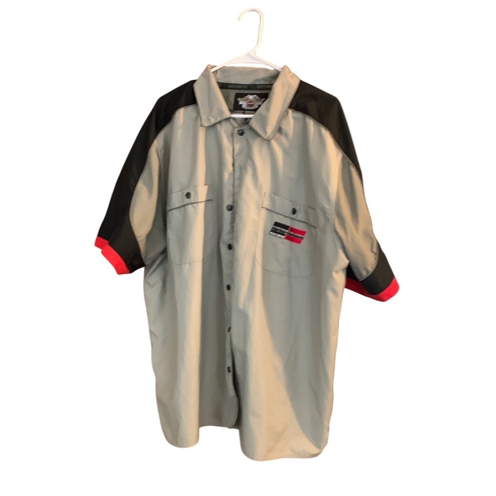 Harley Davidson‎ Racing Shirt Gray Black Red Short Sleeve Button Up 2XL